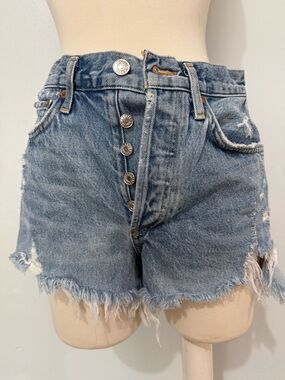 Agolde Distressed High-Rise Denim Shorts in Light Blue